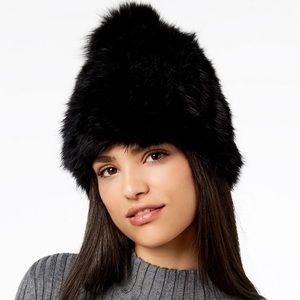 Marcus Adler black Slouchy Rabbit Fur Beanie w/ Large Fox Pom – One Size NWT